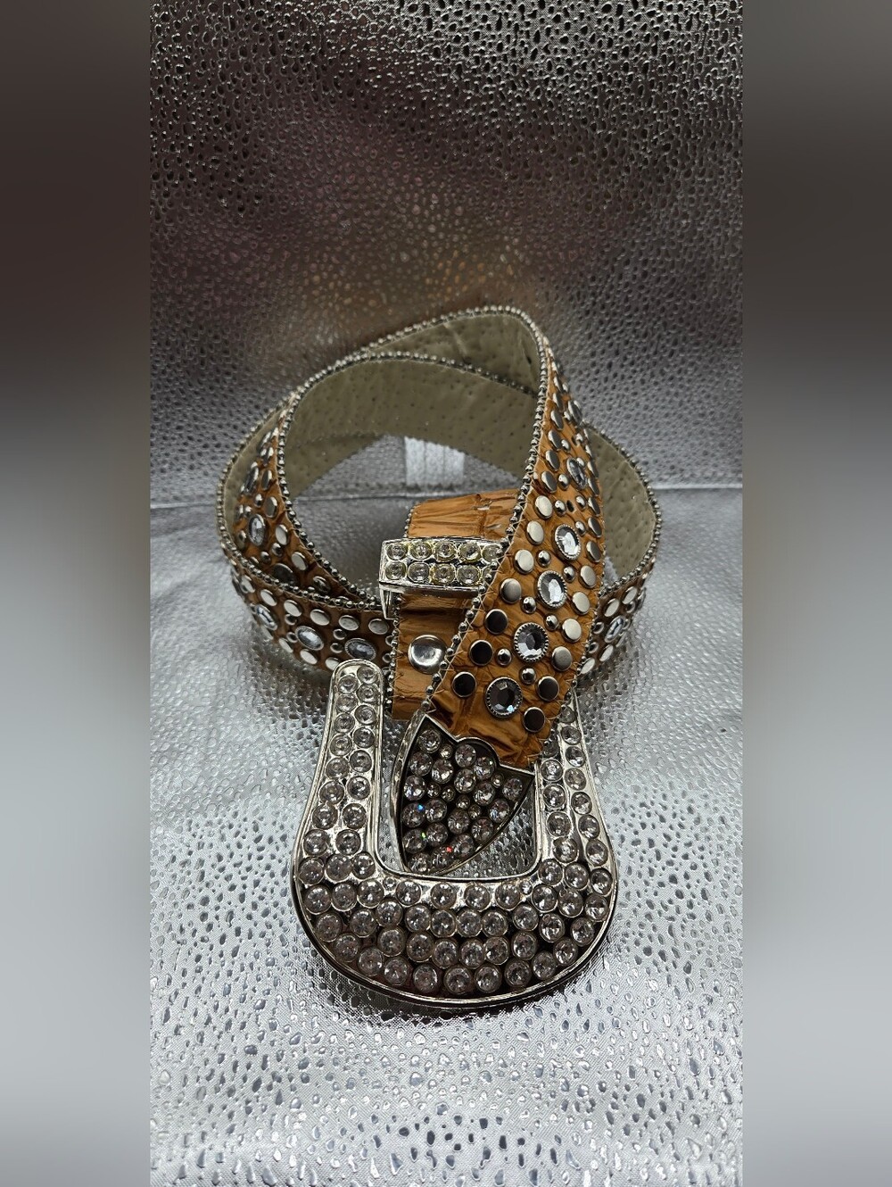 Embellished Brown Crystal Studded Women’s Leather Belt